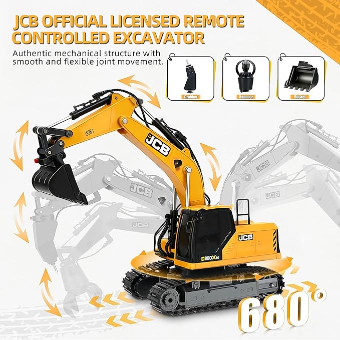 BRRRRT 3-in-1 Remote Control Excavator,14IN RC Excavator with Drill Bit, Grab Bucket & Digging Hook, JCB Official Licensed14-Channel Construction Vehicles with Lights & Sounds for Kids Ages 3+