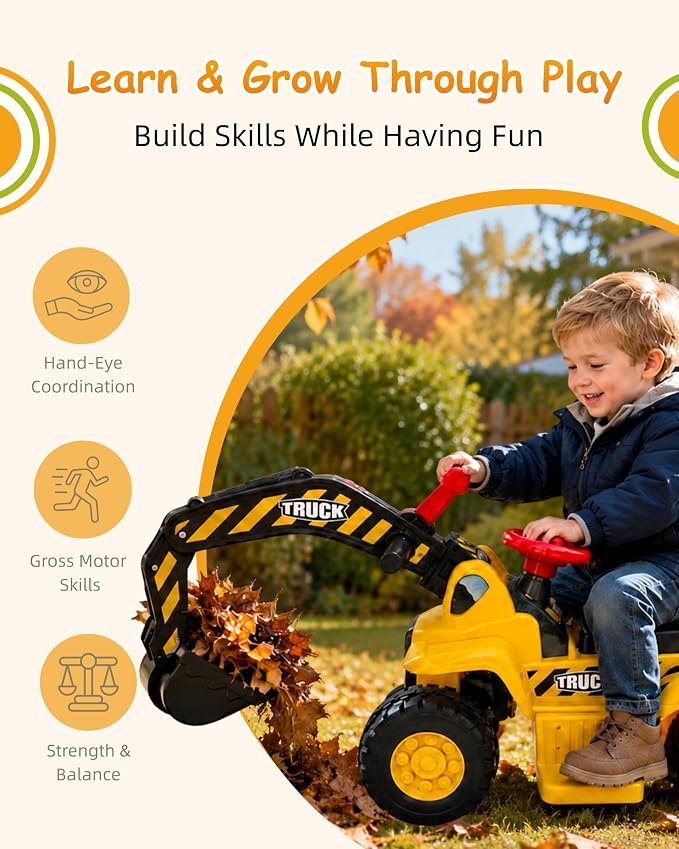 Kids Excavator Ride On Toy, 6V Electric Ride On Excavator for Ages 2+ with Rechargeable Battery, Sounds, Storage, Toy Hard Hat and 3 Rocks