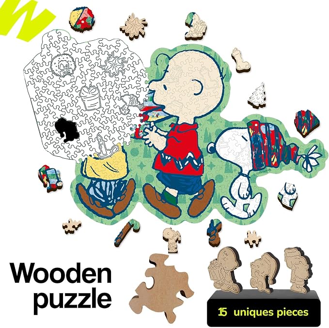 Peanuts Christmas Puzzles for Adults – Snoopy, 300 Pieces Unique Shaped Charlie Brown Wooden Jigsaw Puzzles, 5MM Thick, Officially Licensed Merchandise – Merry Unwrapping, 16.5" x 10.5"