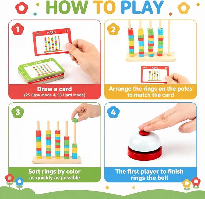 Color Stack Challenge Game for Teens & Adults, Wooden Fast-Paced Color Matching Puzzle Board Game with 2 Rotating Racks, 80 Ring, 50 Challenge Cards & Bell, Competitive Brain Teaser Party Game