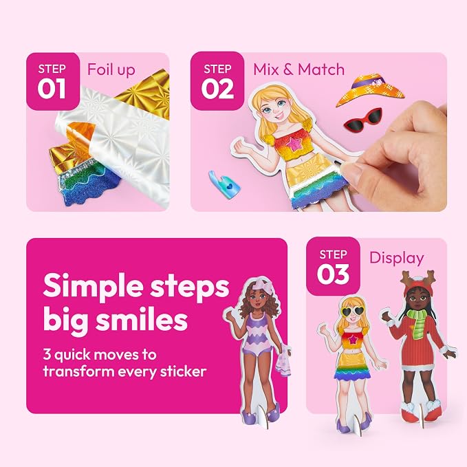 JOVA Klever Kits Foil Magnet Dress-Up Kit, 2-in-1 Fashion DIY Craft for Kids Paper Dolls for Girls Ages 4 5 6 7 8 9 Travel Activity Birthday Gifts with Display Box