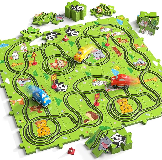 JUKUDAHU 64 Pieces Puzzle Race Track Car Set Toys for 3 4 5 6 Year Old Boys - Puzzle Tracks Car Toys for Kids Ages 3-5 with 3 Sliding Toy Cars, Animals-Themed, Birthday Gifts for Toddlers 1-3 2-4 4-6