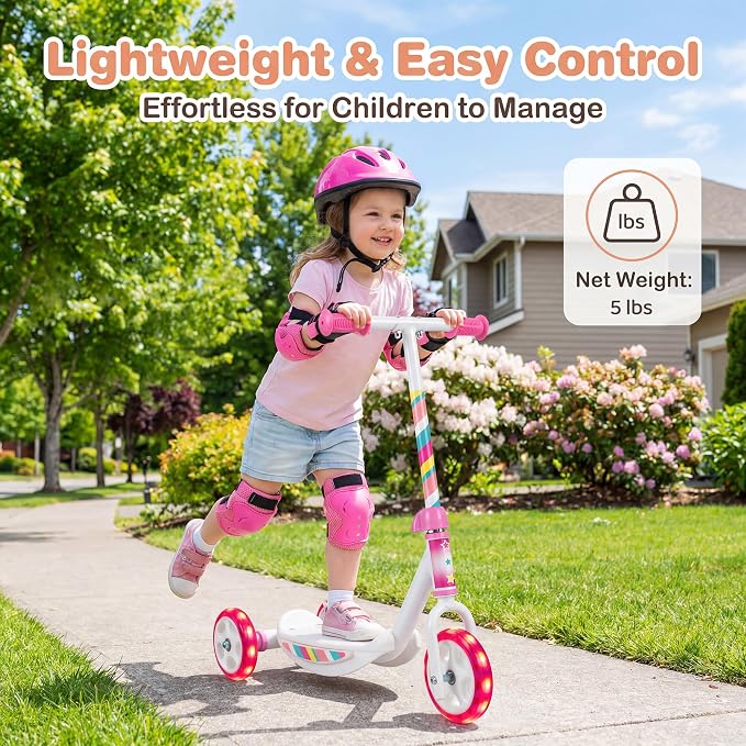 GYMAX Kick Scooter for Kids 2+, 3 Light-up Wheels Toddler Scooter with Wide Anti-Slip Deck & Hand Grip, Heavy Duty Stable Lightweight Ride On Scooters for Boys Girls
