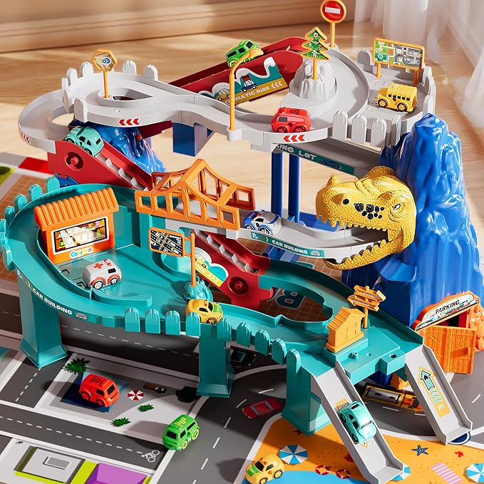 MSKOLER Dinosaur Race Car Tracks for Toddlers 3-4 Years, Dinosaur Climbing Hills Railcar, Toy Car Track Play Set with 7 Small Race Cars, Preschool Birthday Gifts for 3 4 5 6 7 8 Year Old Boys Girls