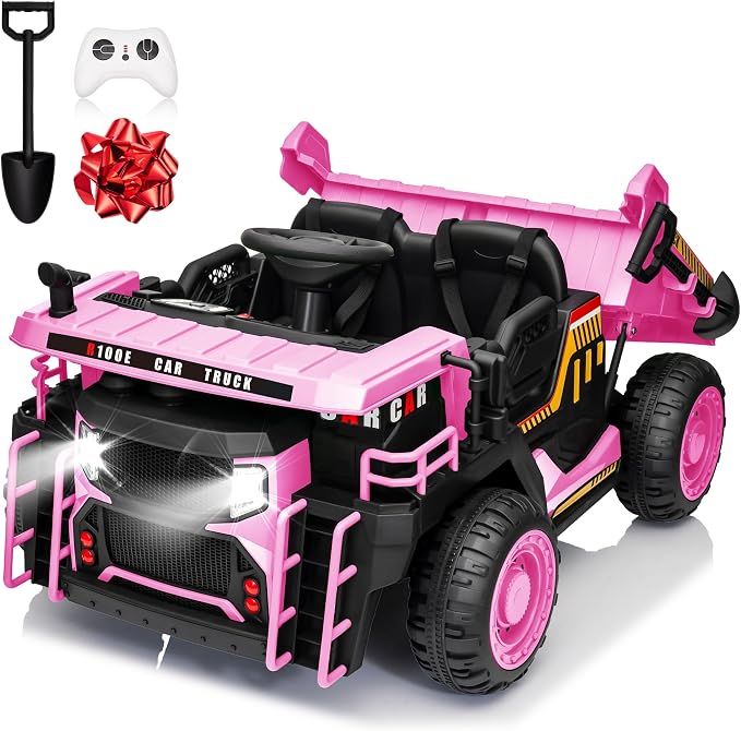 JOYRACER 24V 2 Seater Ride on Dump Truck w/400W Motors, Kids Ride On Car w/20'' Seat, Parent Remote, Electric Construction Vehicle w/Dump Bed & Shovel, 5Mph Max, Power Car Wheelers for Kids, Pink