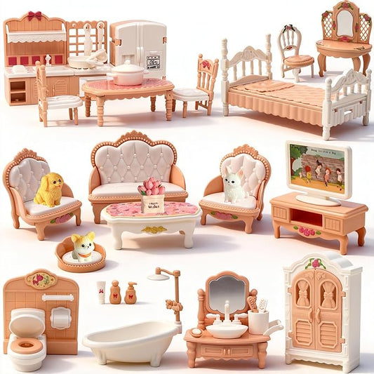 Dollhouse Furniture Set, 38 Pcs Miniature Doll House Accessories with Dogs and Cat ，Kitchen Bedroom Living Room Bathroom Furniture, Toy for Kids Ages 3+ Boys Girls, Great Gift Idea