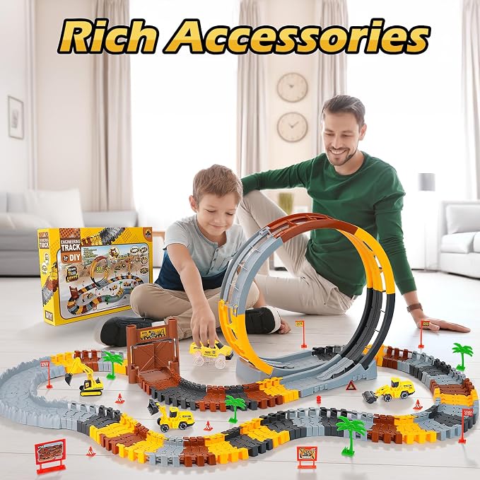 157 PCS Construction Race Tracks for Kids, Glow in The Dark Magic Toy Set with 360° Loop Ramp, 1 Light Up Car, 3 Construction Cars, Flexible DIY Track Set, Birthday Gift for 3-9 Year Old Boys Girls