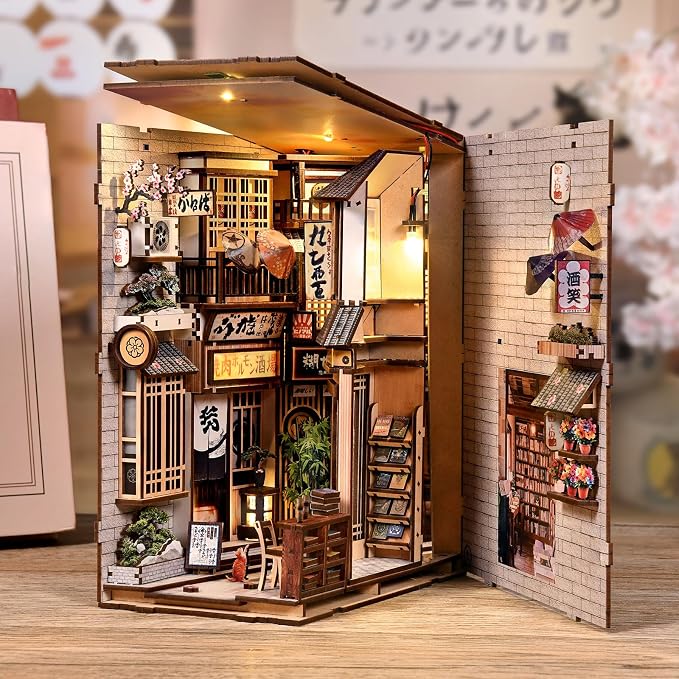 DIY Book Nook Kit - Japanese DIY Miniature House Kit for Adults,Dollhouse Kit 3D Wooden Puzzle Bookend Diorama Insert Decor,Gifts for Family Friends (The Alley Waiting for the Cat)