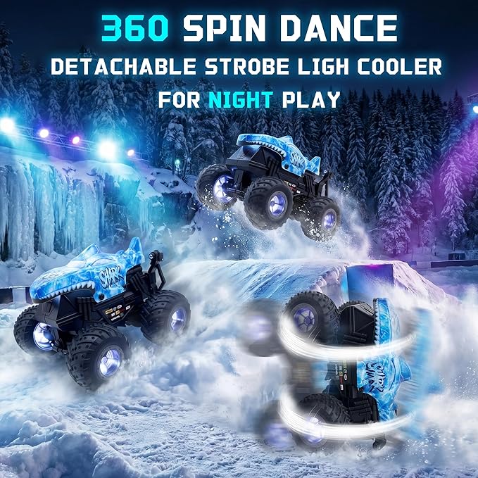 BEZGAR 1:20 Monster Truck Toys, 360°Stunt RC Cars with 2 Batteries, Rotation Monster Trucks with Music and Lights, Remote Control Car for Boys 4 5 6 7 8 9 Years Old (Ice Blue)