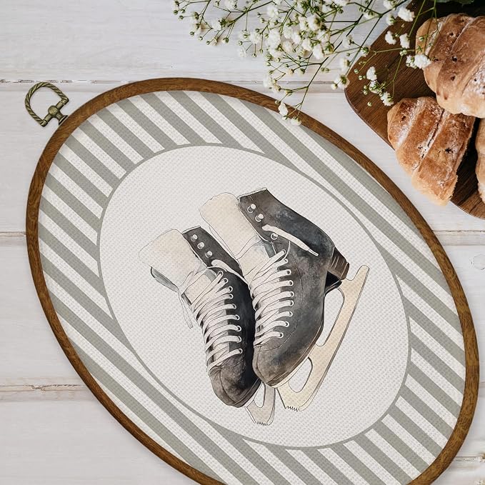 WULQYING Hockey Skates Sports Nursery Wall Art Decor, Boys Room Oval Framed Canvas Art Prints, Neutral Striped Sport Lover Gift Wall Hanging Decor for Kids Nursery Room Playroom, 8.5x11.3 Inches