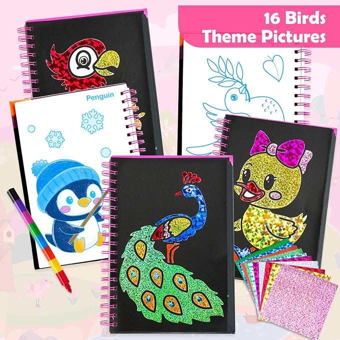 FUNNYB&G Foil Art Craft Kit for Girls 4-10 Years Old: Mess-Free & No-Glue, Create 16 Sparkly Birds Pictures – Perfect Travel Toy & Birthday Gift for Kids (Birds)