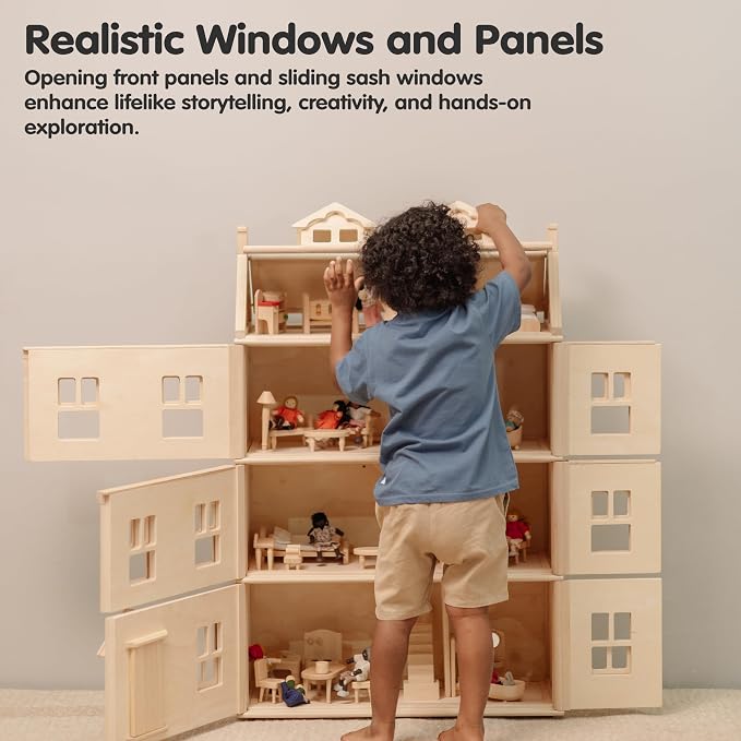 PlanToys® Grand Victorian Dollhouse | Wooden 4-Floor Dollhouse for Kids 3Y+ | Includes Attic, Opening Panels & Sliding Sashes | Encourages Imaginative Play & Social Interaction