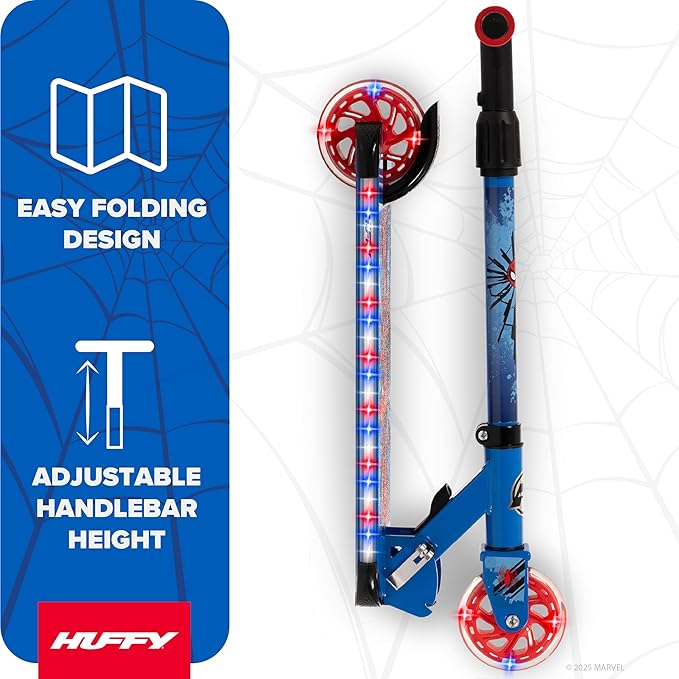 Huffy Light Up Inline Scooter for Kids, 2 Wheel Kick Scooter with LED Lights and Rear Brake, Foldable, Adjustable Handlebar on Select Models, Durable Frame, Licensed Character Graphics