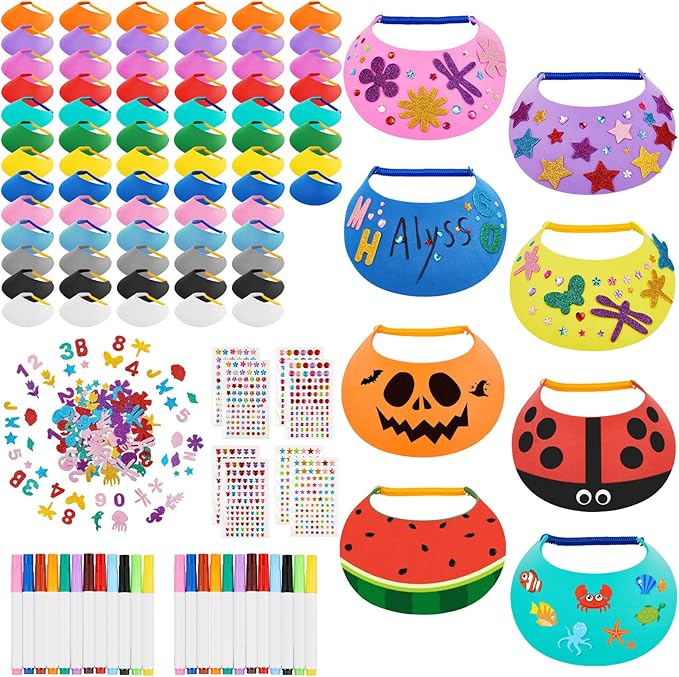 Outus 94 Pcs Assorted Craft Decorations with 72 Foam Visors for Kids, DIY Sun Visor Kit with Stickers & Markers for Arts & Crafts Activities (Classic Color)