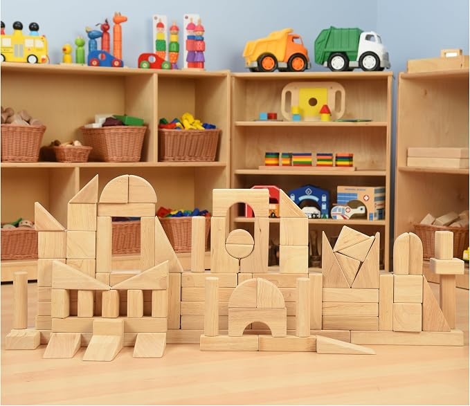 Constructive Playthings Wooden Blocks for Kids, 82-Piece Set with 13 Shapes, Educational Toy for Ages 2+, Ideal for Classrooms, Early Learning, Cooperative Play
