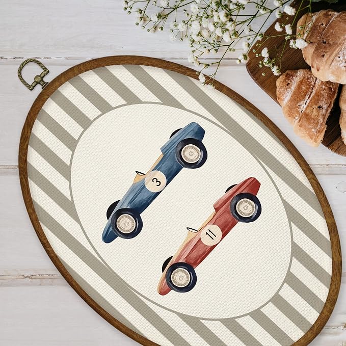 WULQYING Vintage Race Car Boy Nursery Wall Art Decor, Kids Oval Framed Canvas Art Prints, Neutral Striped Car Vehicle Wall Hanging Decor for Kids Toddler Boy Nursery Room Playroom, 8.5x11.4 Inches