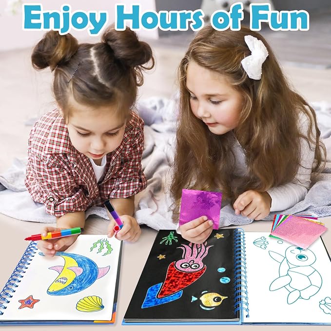 FUNNYB&G Foil Art Craft Kit for Kids 4-10 Years Old: Mess-Free & No-Glue, Create 16 Sparkly Ocean Pictures – Perfect Travel Toy & Birthday Gift for Kids (Ocean)