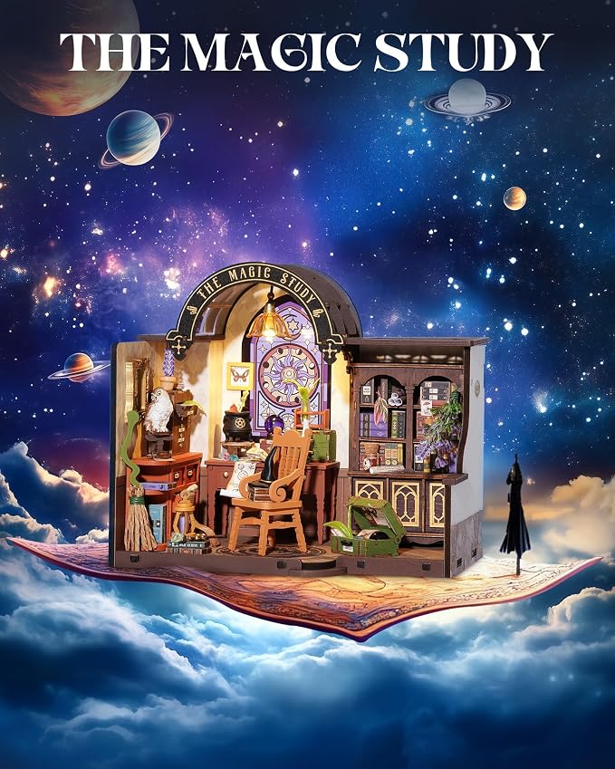 Robotime DIY Miniature House Kit, 1:18 Magic Study Diorama Dollhouse with LED Lights, 3D Wooden Puzzle for Adults, Craft Hobby Gift for Women Men Teens