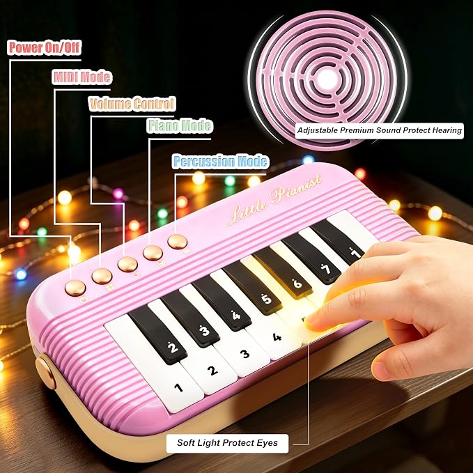 Mini Piano Keyboard for Toddlers Piano Toy Portable Pocket Piano with Light Up丨Musical Keyboard Electronic Instrument Learning Keyboards Toys Gifts for 3 4 5 6 Years Old Boys Girls (Pink)