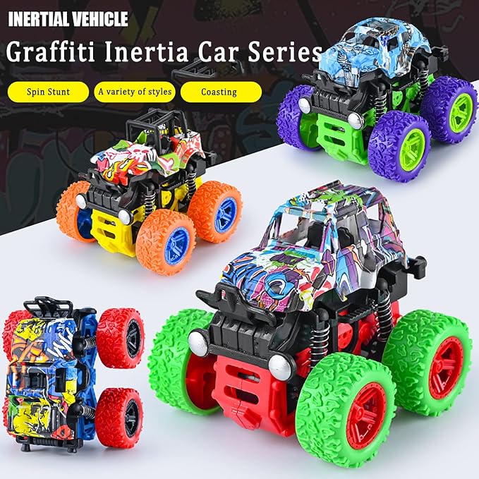 Push and Go Friction Powered Car,Toys for Boys 3-7 Years Old, Monster Toys Truck 4 Pack 360° Rotating Stunt Cars,Double-Directions Inertia Pull Back Vehicle Set,Birthday Party Gift for Kids