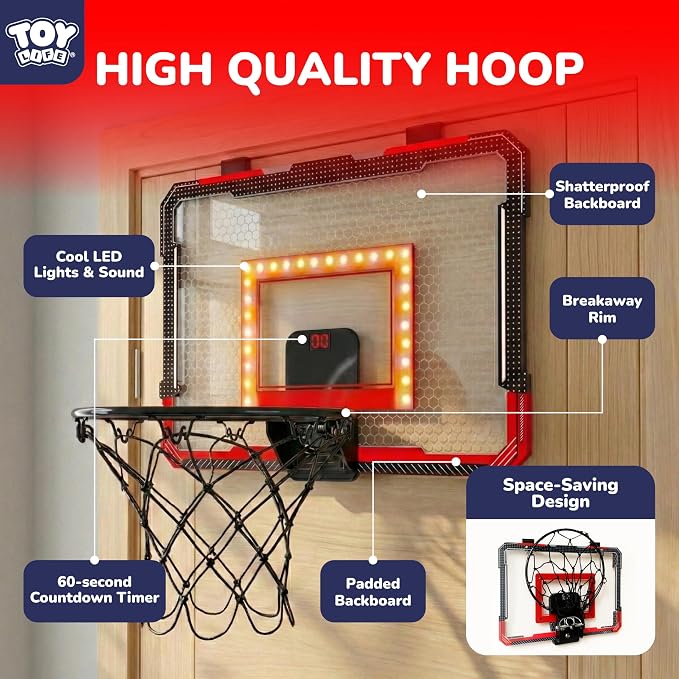 TOY Life LED Indoor Basketball Hoop for Kids, Over The Door Basketball Hoop Indoor Wall Mount with LED Scoreboard 4 Balls&Inflator, Basketball Game Toy for 3-9 Year Old