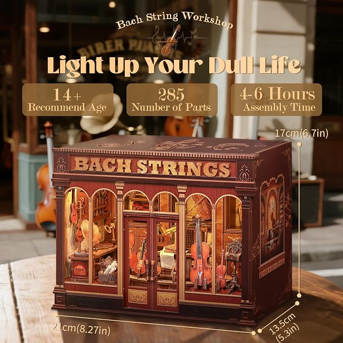 CUTEFUN Book Nook Kit - Musical Instrument Store Dollhouse Bookshelf Decor, 3D Wooden Puzzle Tiny House Miniature Model Building Kits, DIY Crafts Gifts for Adults Teens & Book Lovers (Bach Strings)