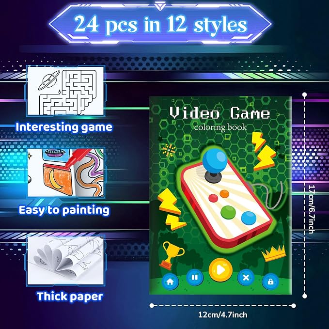 BenLouis 24 Pcs Video Game Mini Coloring Books Kids Gaming Party Favors Small Activity Books Bulk for Kids Boys Neon Game Level Up Goodie Bags Stuffers Return Gifts Classroom Travel