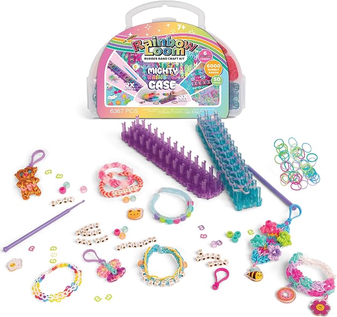 Rainbow Loom: 6,000 Bands Mighty Rainbow Case with 2 Mighty Looms, 6 Cute-tique Charms & 50 Beads – DIY Bracelet & Jewelry Making Kit for Kids 7+
