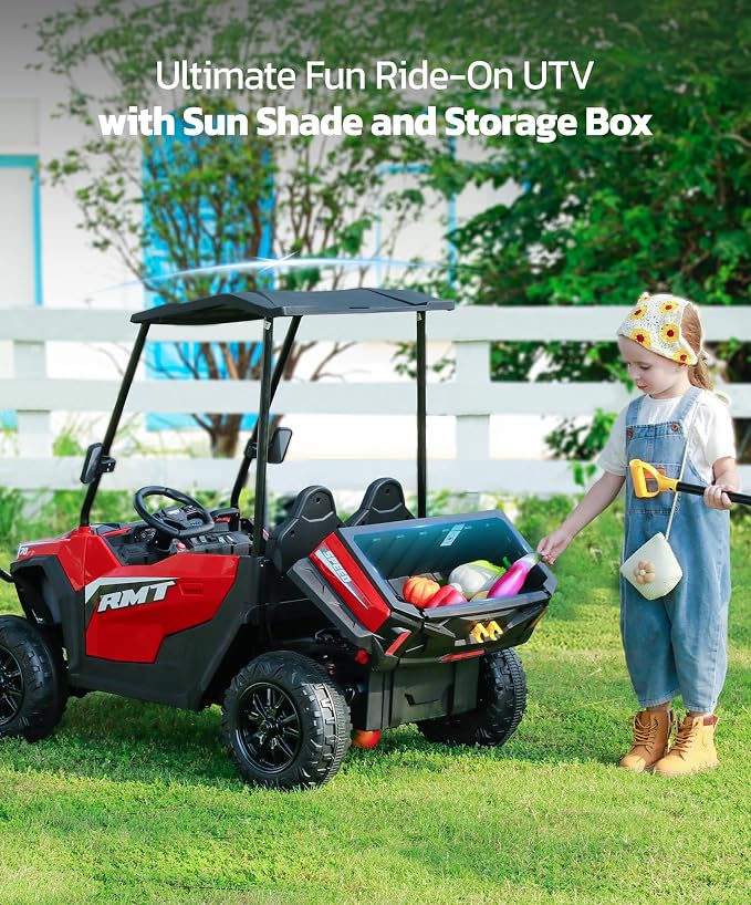 ELEMARA 24V Ride on Toy for Big Kid,Ride on Car 2 Seater w/Sun Shade,Dump Bed & Shovel,4.5MPH,4WD Electric Car for Kids,Battery Car w/Remote,Kids Ride on Truck,3 Speed,LED Lights,Bluetooth, Ruby