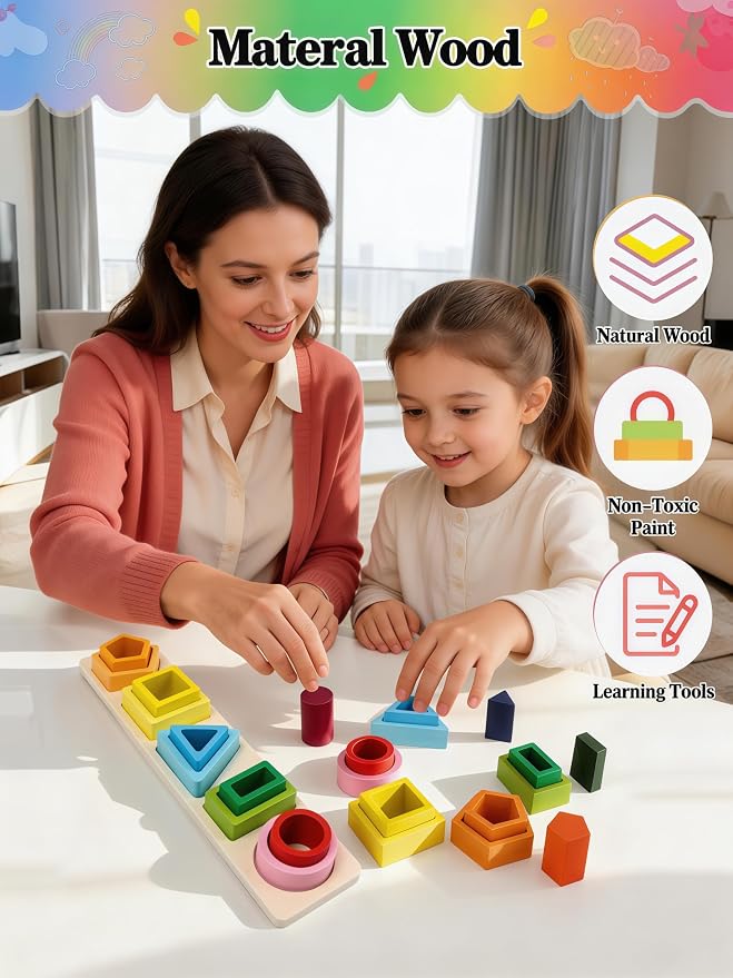 Montessori Toys for 1 2 3 Year Old Boys Girls – Shape Sorter Learning Toy, Wooden Stacking and Sorting Toys for Toddlers, Educational and Safe