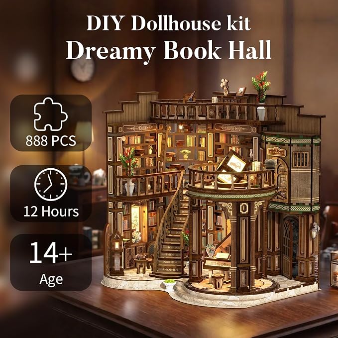 fifijoy DIY Miniature Dollhouse Kit - DIY Miniature House Kit with LED Lights, 3D Wooden Puzzle Library Bookshelf Decor for Adults, Creative Gift for Family, Friends (Dreamy Book Hall)