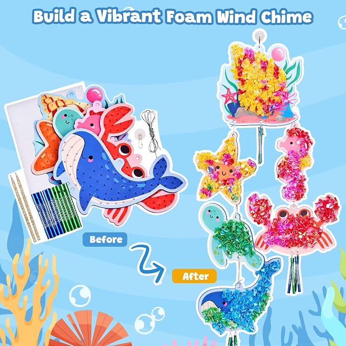 JoyCat Poke-in Wind Chime Craft Kit for Kids, 3D Sea Creature DIY Set with Audible Wind Chime Pieces, 6 EVA Ocean Figures, Mess-Free Creative Activity, Arts and Crafts & Birthday Gift for Kids Age 3+