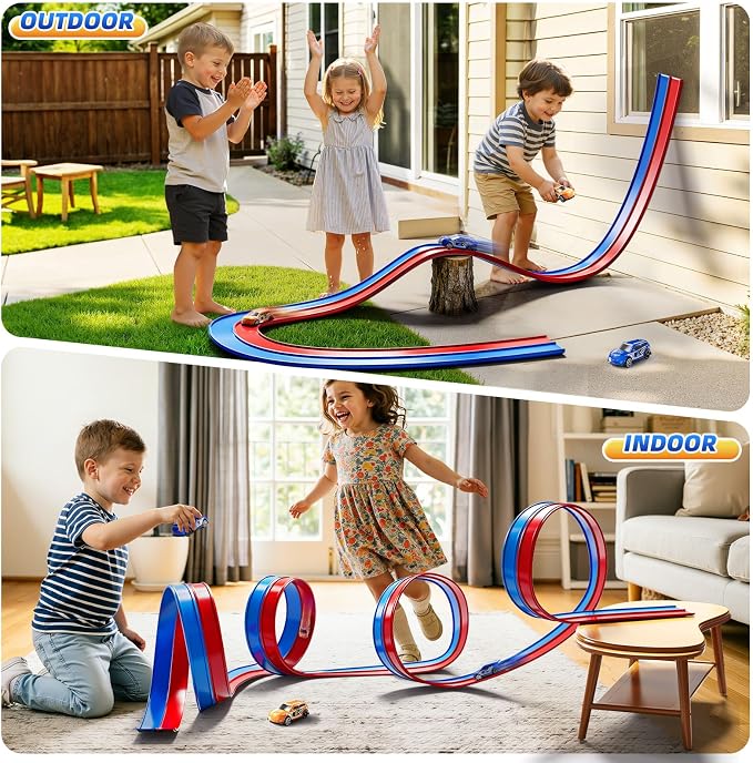 15 Ft Flexible Race Track Set for Kids 3 4 5 6 7 8 Years Old, Race Car Ramp Track with 2 Small Cars, Portable Car Track for Toddlers 3-8, Birthday Gifts for Boys Girls Ages 3+