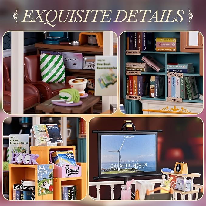 DIY Miniature Book Nook House Kit for Kids 8+ - Library Bookstore Study Room with Coffee Room, Bookshelves, Rooftop Terrace Relax Area, Tiny Play Set Building Craft for Children