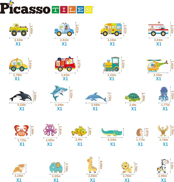 PicassoTiles Magnet Tiles Building Blocks 3-in-1 Aquarium Safari Animal & Metro Theme Playset with 24 Character Action Figures Magnetic STEM Learning Toys Construction Set Toddler kids Ages 3+ PTQ1245