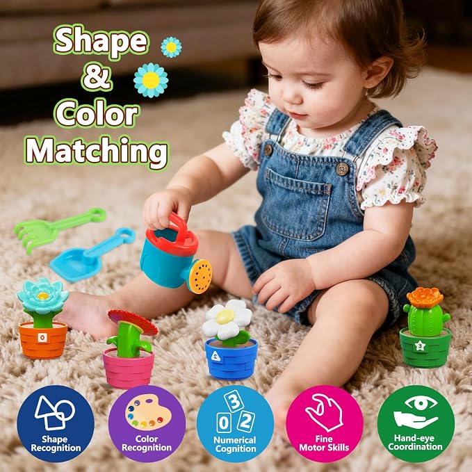 Montessori Toys for 1-2 year old, Toddlers Outdoor & Indoor Gardening Toys with Watering Can, Shovel, Rake, Color & Shape Sorting Educational Learning Toys Easter Gift for Girls Boys Age 1 2 3 4