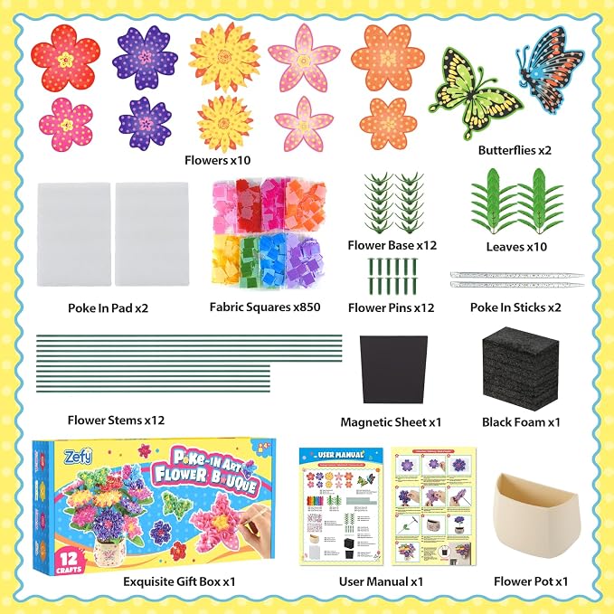 Zefy Poke Art Flower Bouquet, Mess-Free Arts and Crafts for Kids | DIY Activities with 8 Colors 10 Flowers & 2 Butterflies, Birthday Valentine Gifts for Girls Craft Kits 4-12