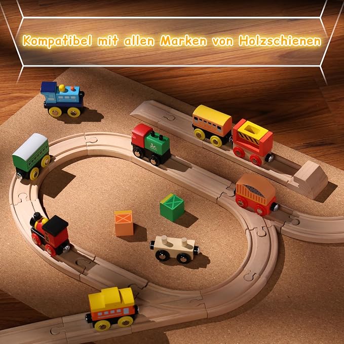 SainSmart Jr. Wooden Train Set 12 PCS - Train Toys with Storage Box, Magnetic Toy Trains Compatible with All Major Brands, Gift for Toddlers, Boys and Girls Aged 3+
