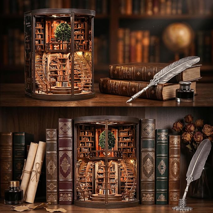 fifijoy DIY Book Nook Kit for Adults - 3D Wooden Puzzle Miniature House Kit with LED Light, Miniature Dollhouse Library Bookshelf Insert Decor, Creative Gift for Family, Friends (Wisdom Rings)