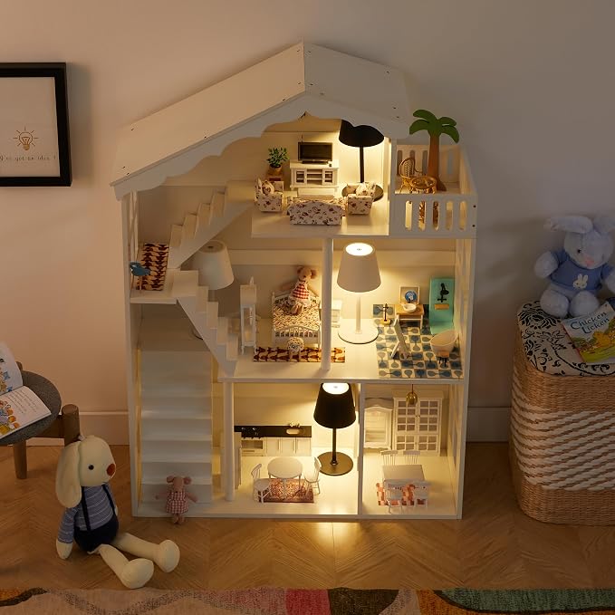 Wooden Dollhouse Bookshelf - Toddler Doll House Bookcase, Extra Space Kids Toy Storage Book Shelf, 3-Tier Children Dollhouse, Pretend Play Toy House (Traditional Angled Roof)