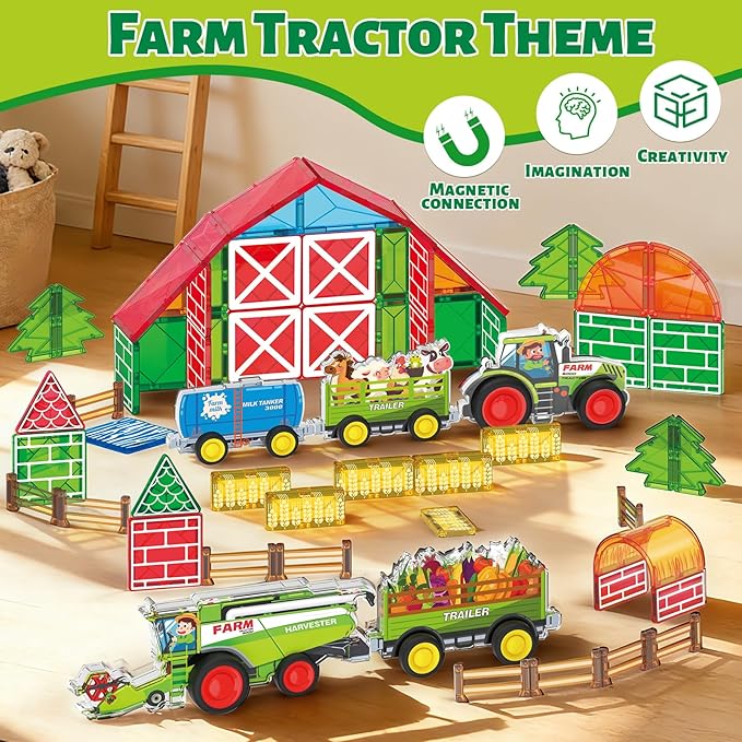 3D Magnet Farm Tractor Toy for Magnetic Tiles & Blocks, 5pcs STEM Educational Learning Toys Inc Combine Harvester Tractors Farm Animal Trailer, Farming magnet tiles toys for kids 3+ year old