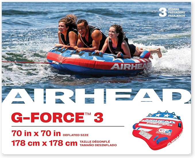 Airhead G-Force Towable Tube for Boating, 1-4 Rider Inflatable Boat Tube for Water Tubing, Heavy Duty Full Nylon Cover, Stabilizer Fins with Neoprene Knuckle Guards, Speed Safety Valve