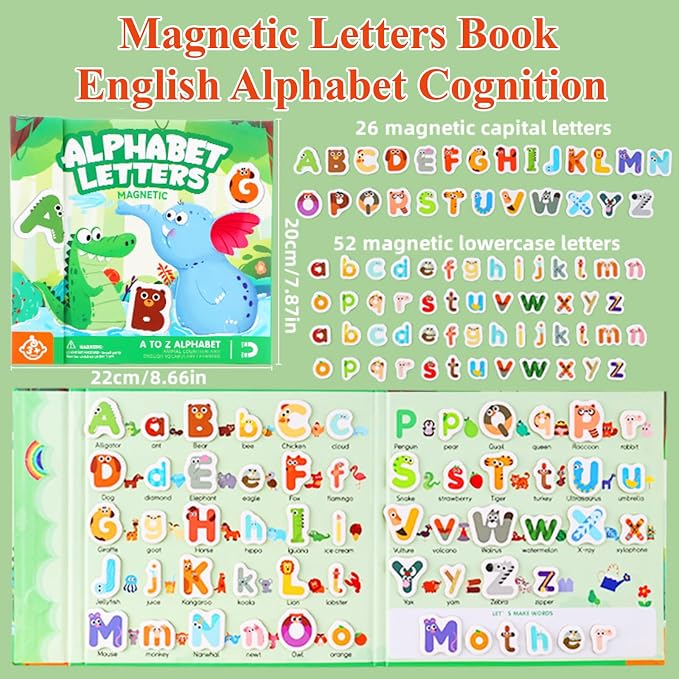 Upgrade Magnetic Letters Book for Kids, 78 PCS Magnetic Alphabet Letters, Uppercase & Lowercase ABC Magnets for Toddlers 1-3 Learning, Preschool Classroom Must Haves