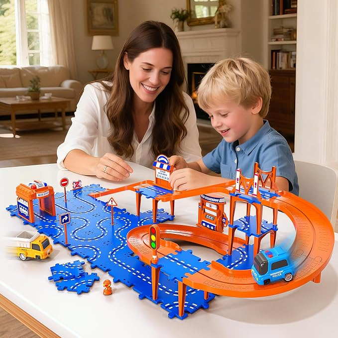 Toddler Toys for 3 4 5 6 Year Old Boys Kids Girls, 59 Pcs Puzzle Track Car Set for Kids Boys Toddlers 3-5 4-6, 3-Tier Puzzle Race Tracks Car Toys Set, Race Track Birthday for Toddlers