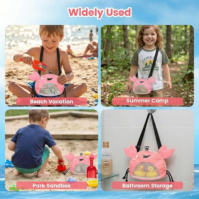 AMOR PRESENT Mesh Baby Beach Bag, Shell Collecting Bag with Shovel Crab-Shaped Adjustable Strap for Holding Shell Sea Pool Sand Toy, Pink
