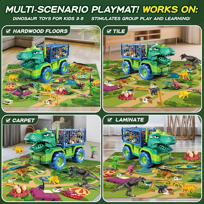Dinosaur Cars Truck Toys for Kids 3-5 with 8 Dinosaur Figures, Activity Play Mat, Jurassic Play Set for Boys and Girls Ages 5-7