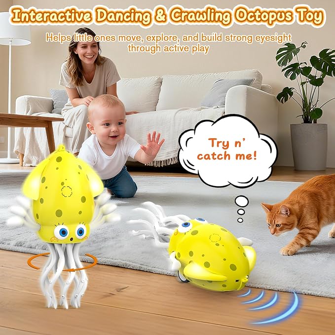 Electric Dancing Octopus Baby Toy with LED Light and Music, Dancing Squid Kids Toys Boys Girls Age 3-5 4-5, Automatic Obstacle Avoidance Birthday for Boys Girls