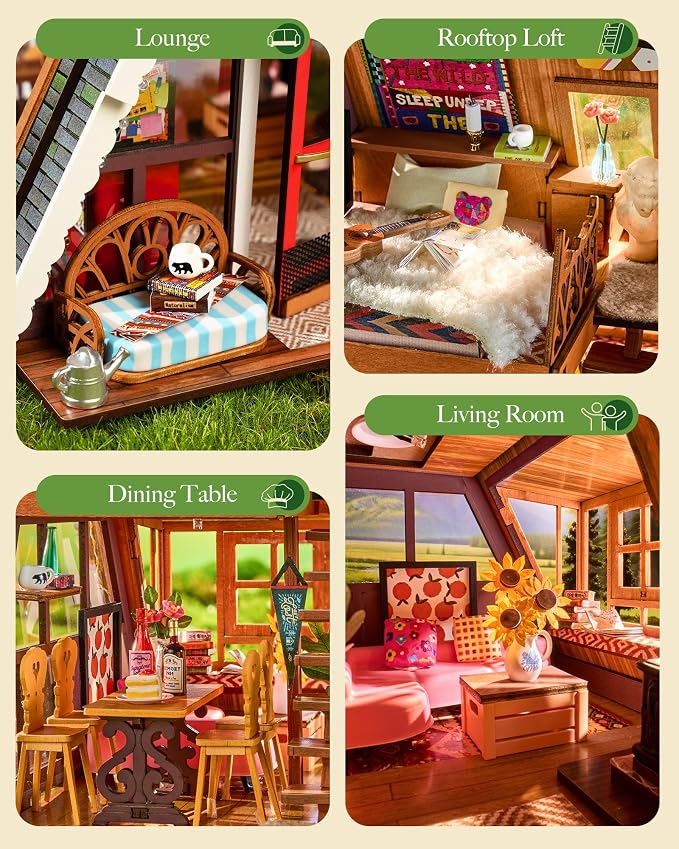 Rolife DIY Miniature House Kit for Adults, A-Frame Cabin Mini Wooden Dollhouse Kit, Tiny House Diorama Building Kits-Birthday Craft Home Decor Hobbies Gift for Friends Family