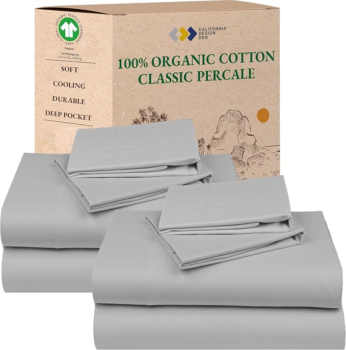 California Design Den Pack of 2 King Size Sheets Set - 100% Organic Cotton, Crisp and Breathable Percale Feel, Deep Pocket King Sheet Sets, Lightweight Bedding - Light Grey