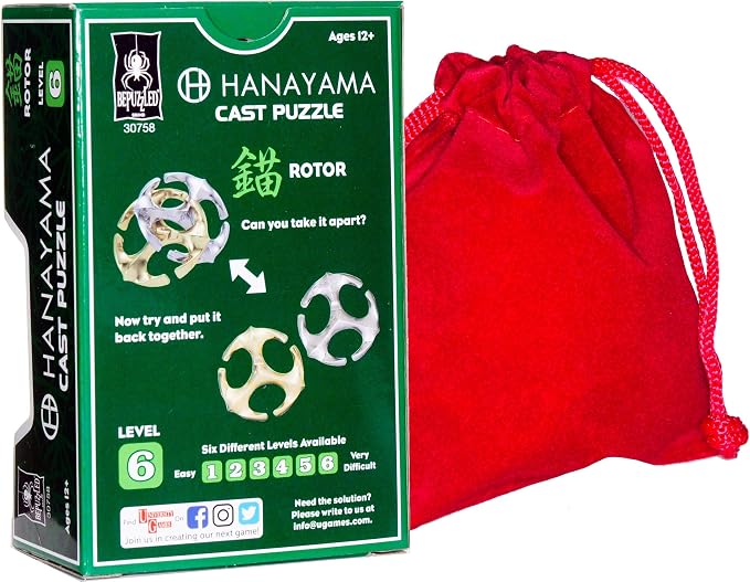 Rotor Hanayama Puzzle, New 2020 Release, Level 6 Difficulty, RED Velveteen Pouch